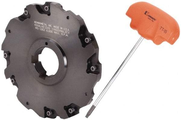 Kennametal - Arbor Hole Connection, 3/8" Cutting Width, 1.466" Depth of Cut, 5" Cutter Diam, 1-1/4" Hole Diam, 4 Tooth Indexable Slotting Cutter - 90° LN Toolholder, LNE 1245... Insert - Exact Tool & Supply
