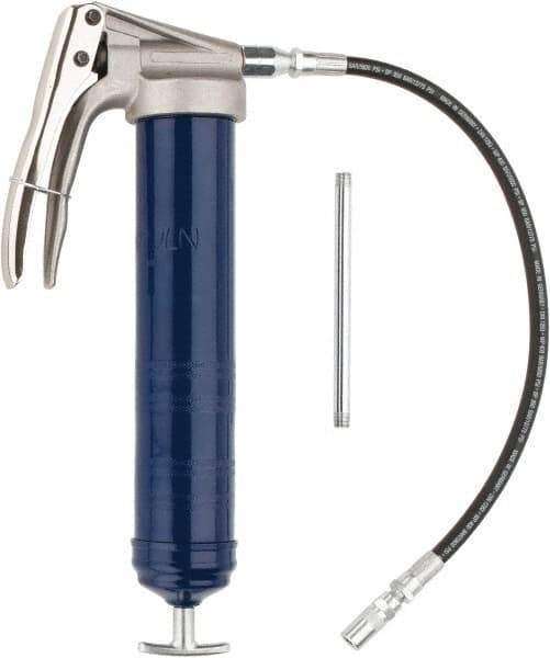 Lincoln - 7,500 Max psi, Flexible Pistol Grease Gun - 14-1 & 2 oz (Cartridge) & 16 oz (Bulk) Capacity, 1/8 Thread Outlet, 39 Strokes per oz, Bulk & Cartridge Fill, Includes 6" Straight Pipe & Coupler - Exact Tool & Supply