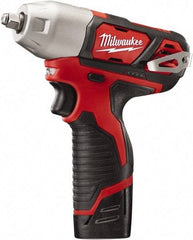 Milwaukee Tool - 3/8" Drive 12 Volt Pistol Grip Cordless Impact Wrench & Ratchet - 0 to 2,500 RPM, 0 to 3,300 BPM, 100 Ft/Lb Torque, 2 Lithium-Ion Batteries Included - Exact Tool & Supply