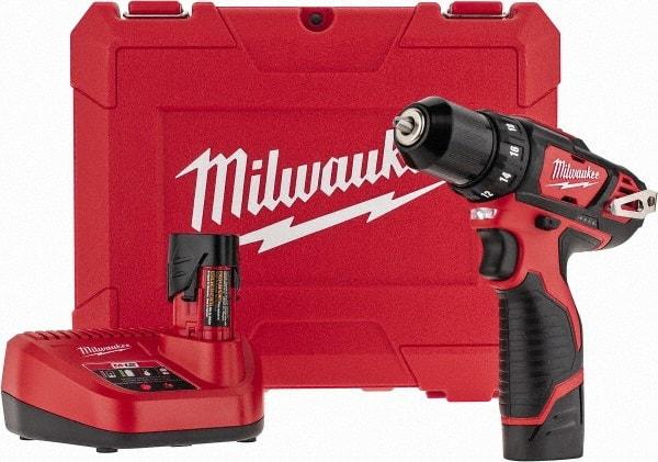 Milwaukee Tool - 12 Volt 3/8" Chuck Pistol Grip Handle Cordless Drill - 0-400 & 0-1500 RPM, Keyless Chuck, Reversible, 2 Lithium-Ion Batteries Included - Exact Tool & Supply