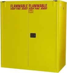 Securall Cabinets - 56" Wide x 31" Deep x 67" High, 18 Gauge Steel Vertical Drum Cabinet with 3 Point Key Lock - Yellow, Self-Closing Door, 1 Shelf, 2 Drums, Drum Rollers Included - Exact Tool & Supply