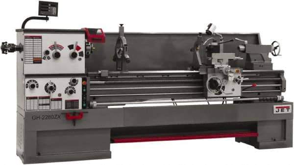 Jet - 26" Swing, 80" Between Centers, 230 Volt, Triple Phase Engine Lathe - 6MT Taper, 10 hp, 40 to 1,800 RPM, 4-1/8" Bore Diam, 43" Deep x 57" High x 136" Long - Exact Tool & Supply