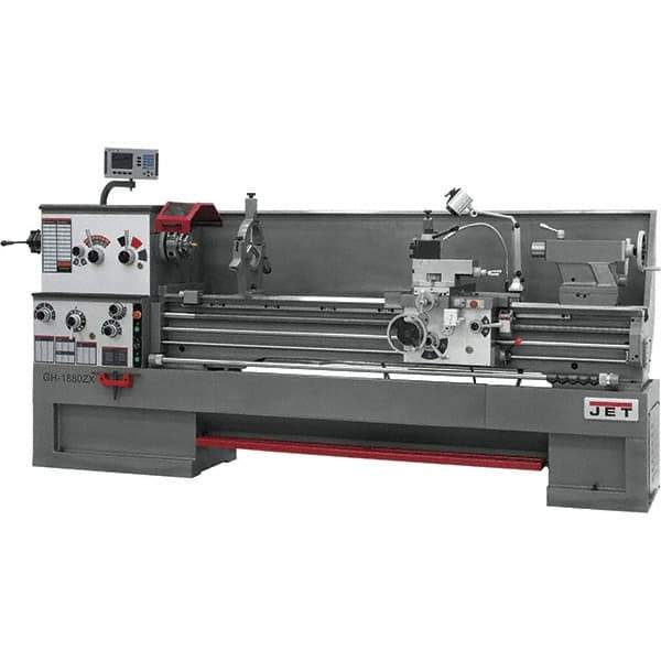 Jet - 18" Swing, 60" Between Centers, 230 Volt, Triple Phase Engine Lathe - 7MT Taper, 7-1/2 hp, 25 to 1,800 RPM, 3-1/8" Bore Diam, 40" Deep x 49" High x 136" Long - Exact Tool & Supply