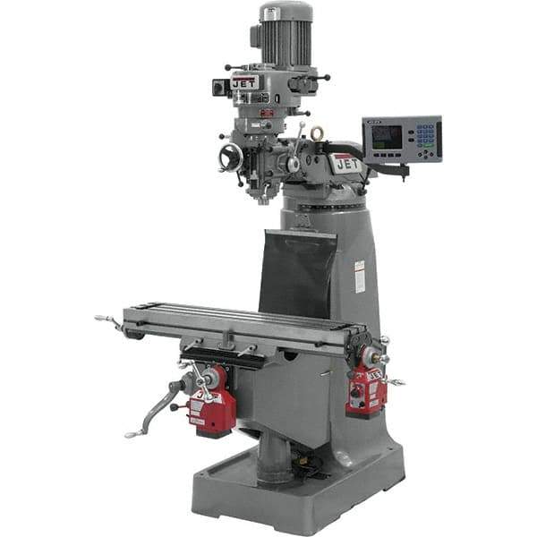 Jet - 9" Table Width x 42" Table Length, Step Pulley Control, 1 Phase Knee Milling Machine - R8 Spindle Taper, 2 hp - Exact Tool & Supply
