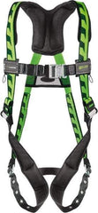 Miller - 400 Lb Capacity, Size Universal, Full Body AirCore Single D-Ring Safety Harness - Polyester, Tongue Buckle Leg Strap, Quick Connect Chest Strap, Black/Green - Exact Tool & Supply