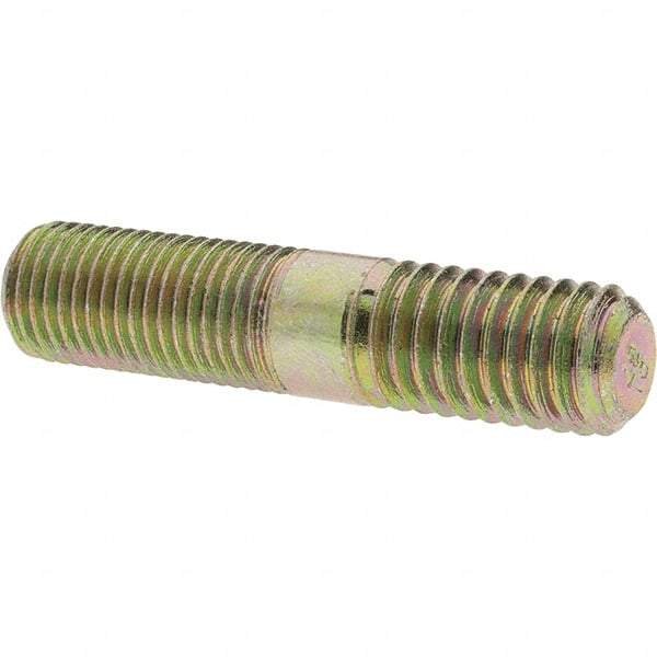 Value Collection - 7/16-20 Long Thread, 7/16-14 Short Thread, 2" OAL Unequal Double Threaded Stud - Alloy Steel, Zinc Yellow Dichromate Finish, 15/16" Long Thread Length, 3/4" Short Thread Length - Exact Tool & Supply