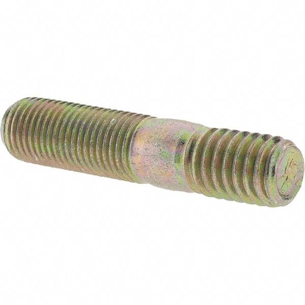 Value Collection - 3/8-24 Long Thread, 3/8-16 Short Thread, 1-3/4" OAL Unequal Double Threaded Stud - Alloy Steel, Zinc Yellow Dichromate Finish, 1" Long Thread Length, 9/16" Short Thread Length - Exact Tool & Supply