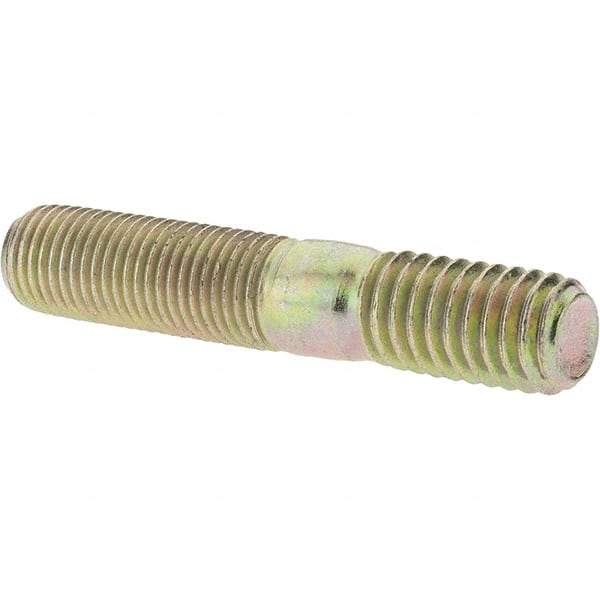 Value Collection - 3/8-24 Long Thread, 3/8-16 Short Thread, 2" OAL Unequal Double Threaded Stud - Alloy Steel, Zinc Yellow Dichromate Finish, 1-1/16" Long Thread Length, 5/8" Short Thread Length - Exact Tool & Supply
