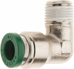 Parker - 1/4" Outside Diam, 1/8 NPTF, Nickel Plated Brass Push-to-Connect Tube Male Elbow - 300 Max psi, Tube to Male NPT Connection, Nitrile O-Ring - Exact Tool & Supply