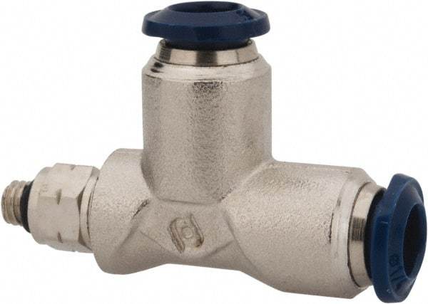 Value Collection - 1/4" Outside Diam, 10-32 Universal, Nickel Plated Brass Push-to-Connect Tube Male Swivel Run Tee - 250 Max psi, Tube to Universal Thread Connection, Buna O-Ring - Exact Tool & Supply