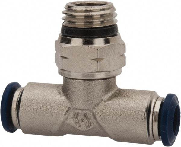 Value Collection - 1/4" Outside Diam, 3/8 Universal, Nickel Plated Brass Push-to-Connect Tube Male Swivel Branch Tee - 250 Max psi, Tube to Universal Thread Connection, Buna O-Ring - Exact Tool & Supply