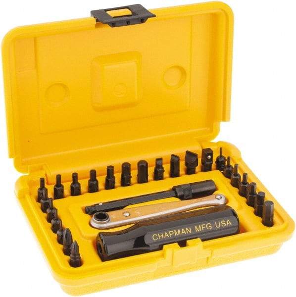 Chapman - 27 Piece, Screwdriver 1/4" Bit Ratchet Bit Set - #1 to #2 Phillips, 0.05 to 1/4" Hex, 1.5 to 6mm Hex - Exact Tool & Supply