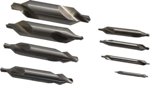 Chicago-Latrobe - 8 Piece, #1 to 8, 1/8 to 3/4" Body Diam, 3/64 to 5/16" Point Diam, Plain Edge, High Speed Steel Combo Drill & Countersink Set - 60° Incl Angle, 1/8 to 3-1/2" OAL, Double End, 217 Series Compatibility - Exact Tool & Supply