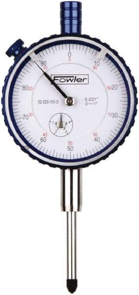Fowler - 1" Range, 0-100 Dial Reading, 0.001" Graduation Dial Drop Indicator - 2-1/4" Dial, 0.1" Range per Revolution, Revolution Counter - Exact Tool & Supply