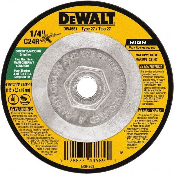 DeWALT - 24 Grit, 4-1/2" Wheel Diam, 1/4" Wheel Thickness, Type 27 Depressed Center Wheel - Silicon Carbide, Resinoid Bond, 13,300 Max RPM - Exact Tool & Supply