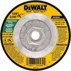 DeWALT - 24 Grit, 4-1/2" Wheel Diam, 1/4" Wheel Thickness, Type 27 Depressed Center Wheel - Silicon Carbide, Resinoid Bond, 13,300 Max RPM - Exact Tool & Supply