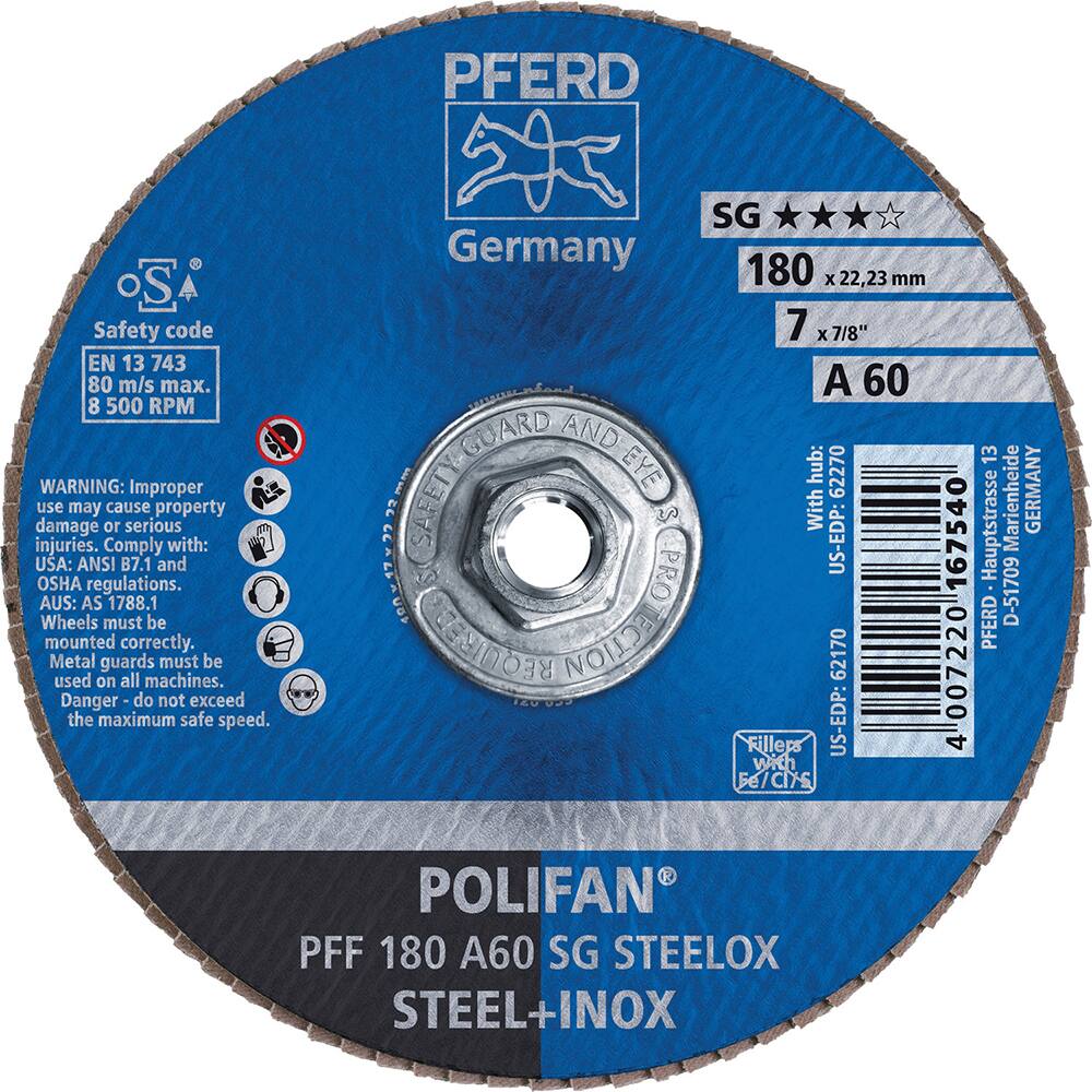 PFERD - Flap Discs; Abrasive Type: Coated ; Flap Disc Type: Type 27 ; Disc Diameter (Inch): 7 ; Abrasive Material: Aluminum Oxide ; Grit: 60 ; Attaching System: Threaded Hole - Exact Tool & Supply