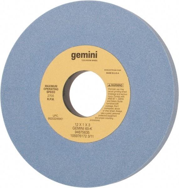 Norton - 12" Diam x 3" Hole x 1" Thick, K Hardness, 60 Grit Surface Grinding Wheel - Aluminum Oxide, Type 1, Medium Grade, 2,705 Max RPM, No Recess - Exact Tool & Supply