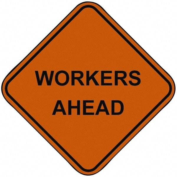 PRO-SAFE - "Workers Ahead", 48" Wide x 48" High, Nylon Construction Roadway Signs - Orange, Square, Sign Stand Mount - Exact Tool & Supply