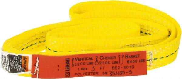 Lift-All - 3' Long x 1" Wide, 3,200 Lb Vertical Capacity, 2 Ply, Polyester Web Sling - 2,500 Lb Choker Capacity, Yellow - Exact Tool & Supply
