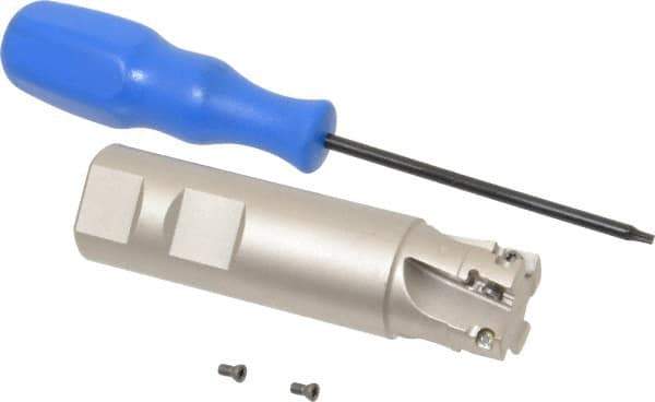 Iscar - 1" Cut Diam, 0.394" Max Depth of Cut, 1" Shank Diam, 3-3/4" OAL, Indexable Square Shoulder End Mill - AP..1003.., HM90 AP..1003.. Inserts, Weldon Shank, 90° Lead Angle, Series Heli2000 - Exact Tool & Supply