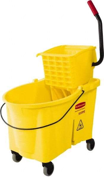 Rubbermaid - 44 Qt Plastic Bucket & Wringer - 26.3333" Long x 38-1/8" High x 18-1/8" Wide, Yellow - Exact Tool & Supply