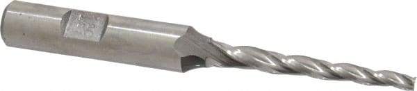 Made in USA - 1.5° Taper Angle per Side, 1/8" Small End Diam, 1-1/2" LOC, High Speed Steel 3 Flute Tapered Square End Mill - 3-1/4" OAL, 3/8" Shank Diam, Spiral Flute - Exact Tool & Supply