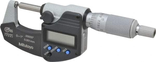 Mitutoyo - 25.4mm Max Measurement, Spherical Face Micrometer - Accuracy Up to 0.0001 Inch, Data Output, 0.0001 Inch Resolution, Electronic Operation, Ratchet Stop Thimble, IP65 Water Resistance Rating, SR44 Battery - Exact Tool & Supply