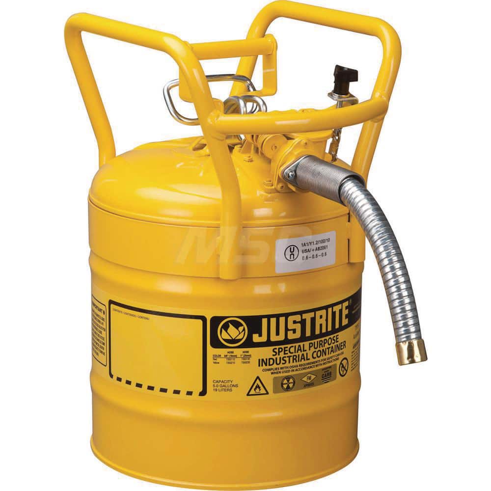 Justrite - Safety Dispensing Cans; Capacity: 5 Gal. ; Material: Steel ; Color: Yellow ; Height (Decimal Inch): 18.520000 ; Diameter/Length (mm): 11.75 ; Approval Listing/Regulations: FM Approved; DOT; UN - Exact Tool & Supply