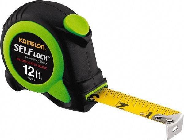 Komelon - 12' x 5/8" Yellow Steel Blade Tape Measure - 1/16" Graduation, Inch Graduation Style, High-Visibility Green/Black ABS Plastic Case - Exact Tool & Supply