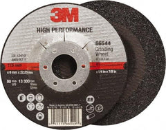 3M - 36 Grit, 4-1/2" Wheel Diam, 1/4" Wheel Thickness, 7/8" Arbor Hole, Type 27 Depressed Center Wheel - Ceramic, Resinoid Bond, 13,300 Max RPM, Compatible with Angle Grinder - Exact Tool & Supply