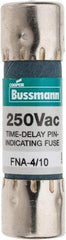 Cooper Bussmann - 250 VAC, 0.4 Amp, Time Delay Pin Indicator Fuse - Fuse Holder Mount, 1-1/2" OAL, 10 at 125 V kA Rating, 13/32" Diam - Exact Tool & Supply