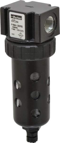 Parker - 3/8" Port, 5.91" High x 2" Wide Compact Filter with Polycarbonate Bowl, Manual Drain - 70 SCFM, 150 Max psi, 125°F Max Temp, Modular Connection, Bowl Guard, 2 oz Bowl Capacity - Exact Tool & Supply