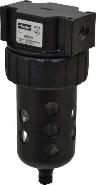 Parker - 1/4" Port, 6.22" High x 2.81" Wide Intermediate Filter with Polycarbonate Bowl, Manual Drain - 53 SCFM, 150 Max psi, 125°F Max Temp, Modular Connection, Bowl Guard, 4.4 oz Bowl Capacity - Exact Tool & Supply