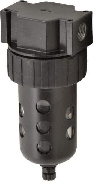 Parker - 3/8" Port, 6.22" High x 2.81" Wide Intermediate Filter with Polycarbonate Bowl, Manual Drain - 80 SCFM, 150 Max psi, 125°F Max Temp, Modular Connection, Bowl Guard, 4.4 oz Bowl Capacity - Exact Tool & Supply