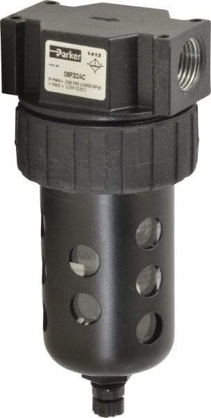 Parker - 1/2" Port, 6.22" High x 2.81" Wide Intermediate Filter with Polycarbonate Bowl, Manual Drain - 85 SCFM, 150 Max psi, 125°F Max Temp, Modular Connection, Bowl Guard, 4.4 oz Bowl Capacity - Exact Tool & Supply