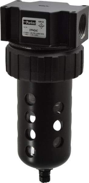 Parker - 3/4" Port, 7.67" High x 3.24" Wide Standard Filter with Polycarbonate Bowl, Manual Drain - 145 SCFM, 150 Max psi, 125°F Max Temp, Modular Connection, Bowl Guard, 7.2 oz Bowl Capacity - Exact Tool & Supply