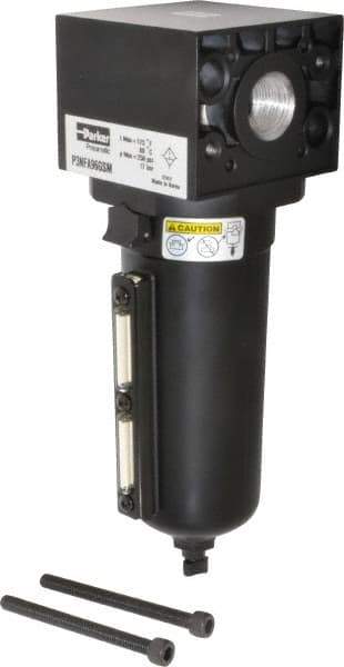 Parker - 3/4" Port, 10.95" High x 3.62" Wide Heavy Duty Filter with Metal Bowl, Manual Drain - 270 SCFM, 250 Max psi, 175°F Max Temp, Sight Glass Included, Modular Connection, 18 oz Bowl Capacity - Exact Tool & Supply