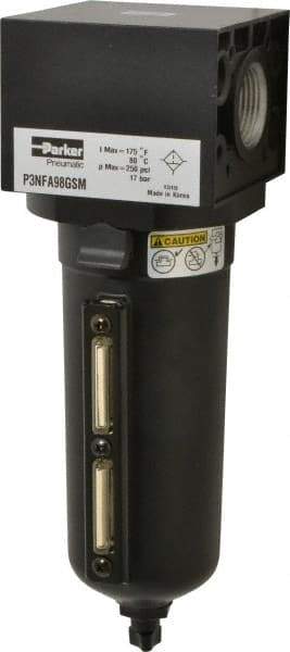 Parker - 1" Port, 10.95" High x 3.62" Wide Heavy Duty Filter with Metal Bowl, Manual Drain - 300 SCFM, 250 Max psi, 175°F Max Temp, Sight Glass Included, Modular Connection, 18 oz Bowl Capacity - Exact Tool & Supply
