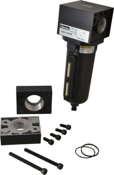 Parker - 1-1/2" Port, 10.95" High x 5.59" Wide Heavy Duty Filter with Metal Bowl, Manual Drain - 310 SCFM, 250 Max psi, 175°F Max Temp, Sight Glass Included, Modular Connection, 18 oz Bowl Capacity - Exact Tool & Supply