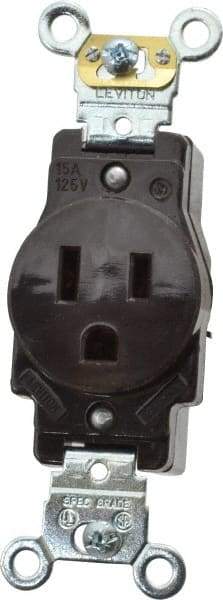 Leviton - 125 VAC, 15 Amp, 5-15R NEMA Configuration, Brown, Industrial Grade, Self Grounding Single Receptacle - 1 Phase, 2 Poles, 3 Wire, Flush Mount, Impact Resistant - Exact Tool & Supply