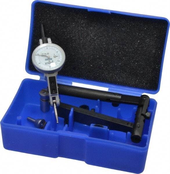 Fowler - 12 Piece, 0" to 0.06" Measuring Range, 1" Dial Diam, 0-15-0 Dial Reading, Horizontal White Dial Test Indicator Kit - 5/8" Contact Point Length, 0.04, 0.08 & 0.12" Ball Diam, 0.0005" Dial Graduation - Exact Tool & Supply