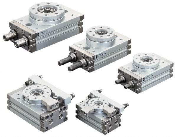 SMC PNEUMATICS - 45mm Table Diam x 15mm Piston Diam Rotary Actuator Table - 14 to 145 psi, 17.53 LBF Radial Load, 16.64 LBS Thrust Load Up, 17.53 LBS Thrust Load Down, M5x0.8 Port, 92mm Long x 50mm Wide x 34mm High - Exact Tool & Supply