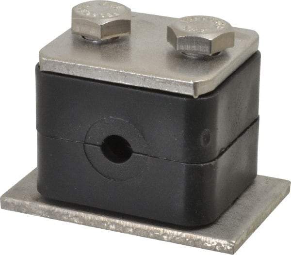 HYDAC - 1.42" Wide x 1.26" High x 1.18" Deep, Polypropylene Standard Duty Stainless Vibration-Control Clamp - Stainless Steel Plate, Mount with Weld Plate, Top Plate, Plastic Clamp Pair, Bolts - Exact Tool & Supply
