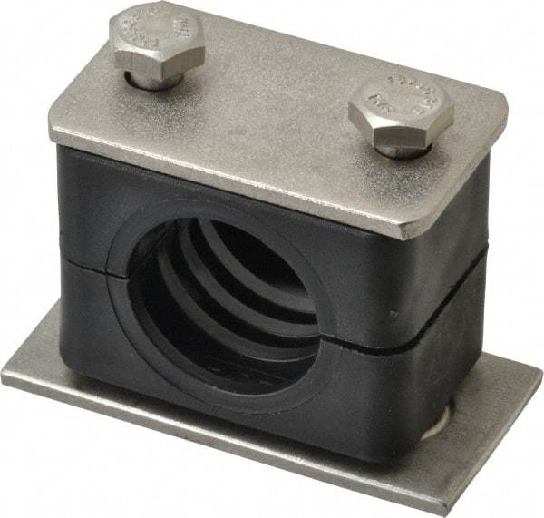 HYDAC - 1.97" Wide x 1.69" High x 1.18" Deep, Polypropylene Standard Duty Stainless Vibration-Control Clamp - Stainless Steel Plate, Mount with Weld Plate, Top Plate, Plastic Clamp Pair, Bolts - Exact Tool & Supply