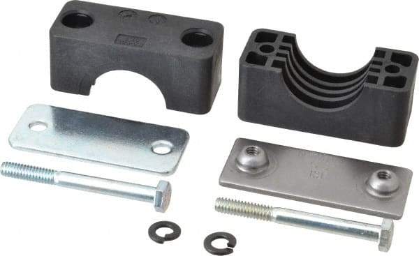 HYDAC - 2.83" Wide x 2.52" High x 1.18" Deep, Polypropylene Standard Duty Vibration-Control Clamp - Carbon Steel Plate, For 1" Pipe, Mount with Weld Plate, Top Plate, Plastic Clamp Pair, Bolts - Exact Tool & Supply