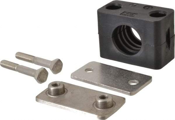HYDAC - 2.32" Wide x 1.89" High x 1.18" Deep, Polypropylene Standard Duty Vibration-Control Clamp - Stainless Steel Plate, For 3/4" Pipe, Mount with Weld Plate, Top Plate, Plastic Clamp Pair, Bolts - Exact Tool & Supply