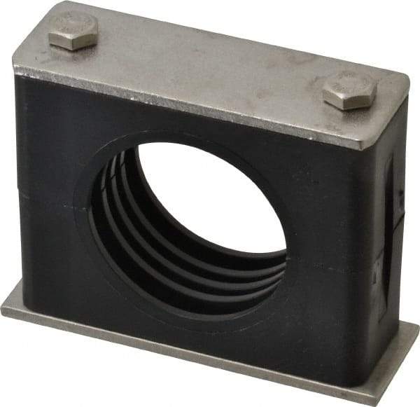 HYDAC - 3.46" Wide x 2.83" High x 1.18" Deep, Polypropylene Standard Duty Vibration-Control Clamp - Stainless Steel Plate, For 1-1/2" Pipe, Mount with Weld Plate, Top Plate, Plastic Clamp Pair, Bolts - Exact Tool & Supply