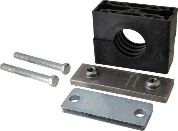 HYDAC - 5.51" Wide x 4.33" High x 1.77" Deep, Polypropylene Heavy Duty Vibration-Control Clamp - Carbon Steel Plate, For 1-1/2" Pipe, Mount with Weld Plate, Top Plate, Plastic Clamp Pair, Bolts - Exact Tool & Supply