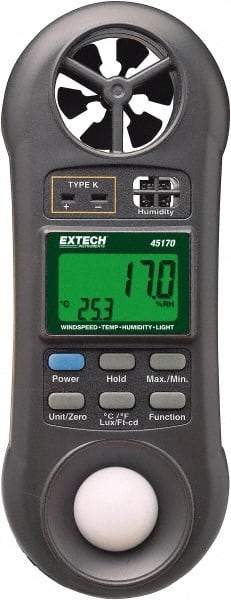 Extech - -148 to 2,372°F, 10 to 95% Humidity Range, Thermo-Hygrometer, Anemometer and Light Meter - 4% Relative Humidity Accuracy - Exact Tool & Supply